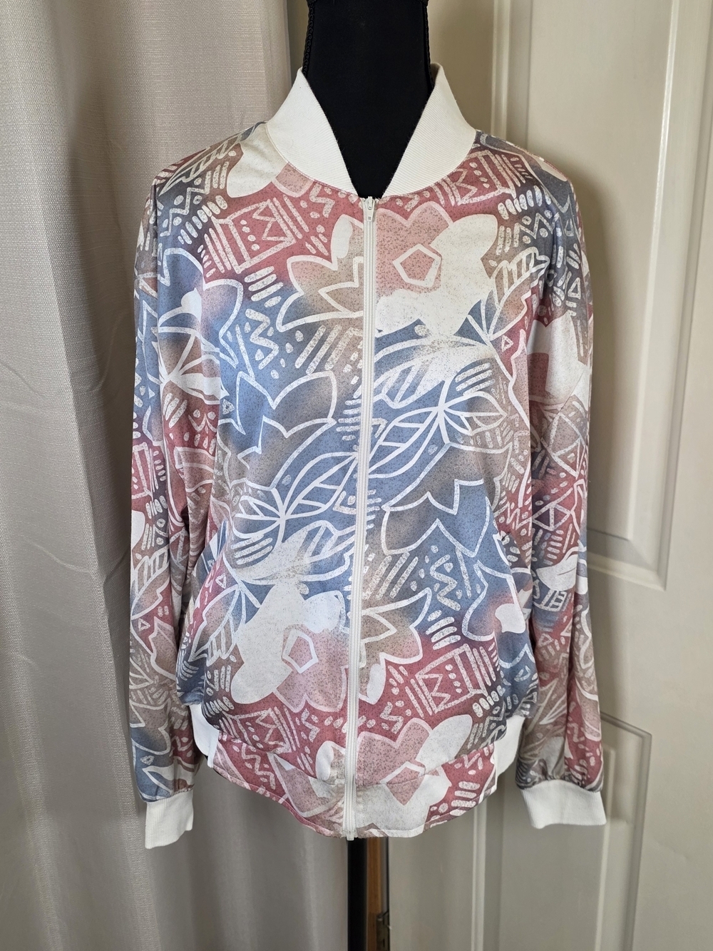 Retro 90s Abstract Floral Bomber Jacket Pastel Windbreaker